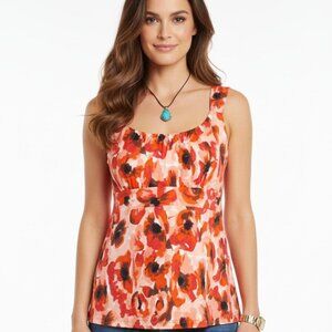 Ann Taylor Colorful Red Orange Floral  Sleeveless Scoop Neck Top Tank XL